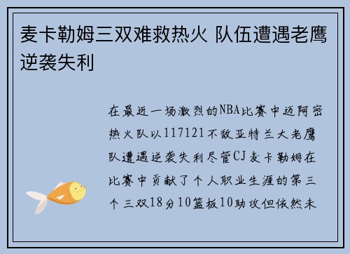 麦卡勒姆三双难救热火 队伍遭遇老鹰逆袭失利